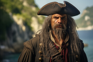 Obraz premium Man Pirate. Explore the High Seas, Pirate Flag, and Buccaneer Spirit on a Mysterious Island with Gold, Swords, and Swashbuckling Fun