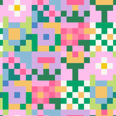 Various 8bit square Flowers.. Pixel Art, retro video game, embroidery style. Hand drawn modern Vector illustration. Embroidered cross stitch, Vintage 90s gaming concept. Square seamless Pattern