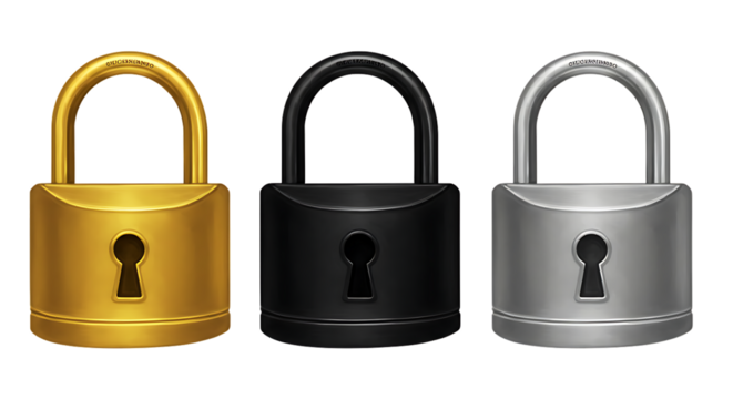 Realistic Padlocks Set Gold Black Silver Security Metal icon safe iron door shiny asset image shiny