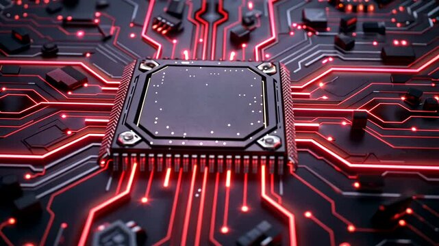 Red-lit CPU on circuit board; data processing; technology background; website header