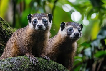 Fototapeta premium Adorable Coatis Roaming in Their Natural Forest Habitat Surrounded by Lush Greenery