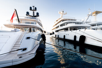 Black and White image of large superyacht or megayach located in Genova, Italy after shipyard...