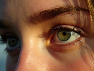 Naklejka premium Bright green eyes of a young woman, illuminated by soft side light