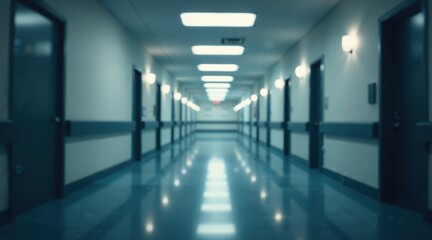 Blurred background of a long hallway with light coming through the doors, hospital interior, hospital lighting, empty hallway, hospital ward, clean medical environment, professional photo.