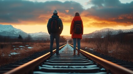 An adventurous couple stands on railway tracks, gazing at the sunset, embodying a spirit of exploration and the thrill of life's journey against a breathtaking backdrop of nature.