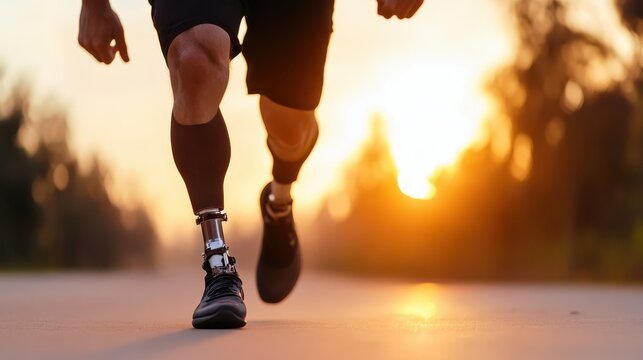 This image captures an athlete running with a prosthetic leg, symbolizing resilience and determination while illuminated by a beautiful sunset in the background.