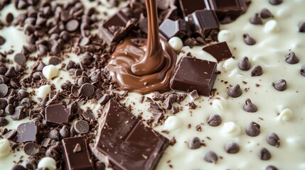Obraz premium Rich Chocolate Melts and Sprinkles on Creamy Dessert Surface