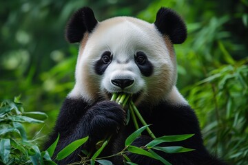 Obraz premium Panda chewing on bamboo leaves in a dense green forest