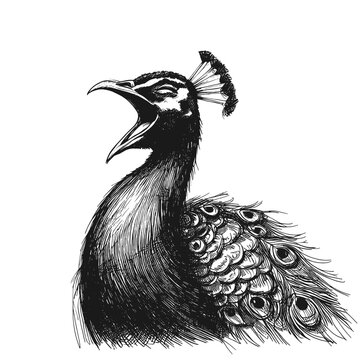 black peacock yawning sketch on white clip art preview