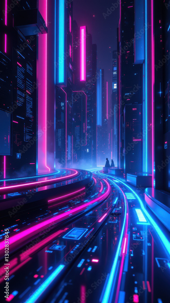 Poster futuristic cityscape with vibrant neon lights, featuring high-tech architecture and a cyberpunk vibe