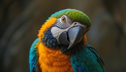 Fototapeta premium Vibrant close-up of a blue and gold macaw showcasing stunning feathers and a curious expression.