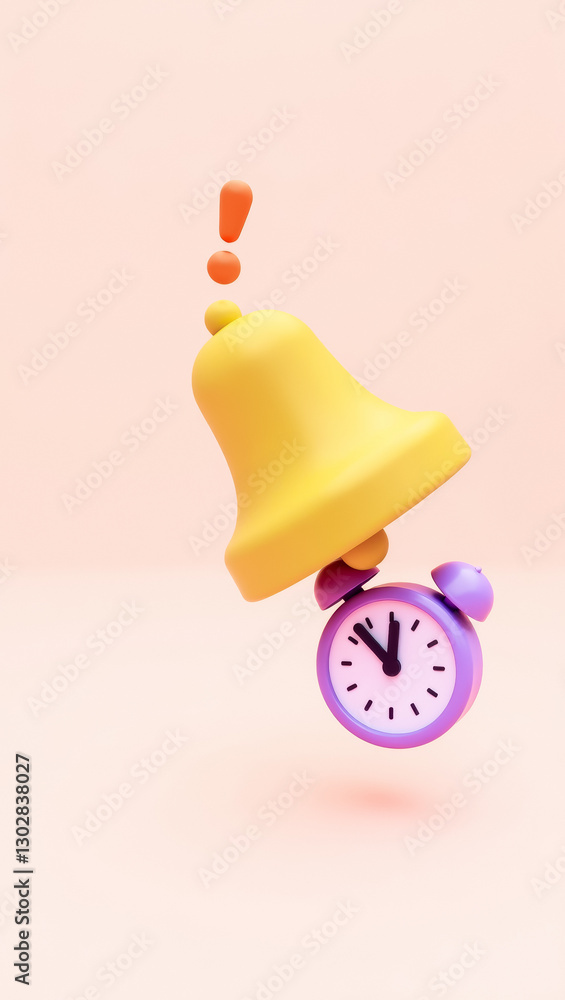 Poster yellow bell and a purple alarm clock with exclamation marks in a 3d rendering