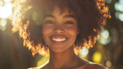 African American woman beams with joy, radiating warmth and confidence.
