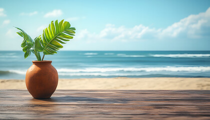 Obraz premium Serene beachfront with wooden deck and clay pot plant