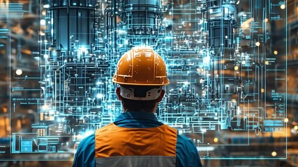 Visionary Engineer: Captivating image of an engineer, donned in protective gear, engrossed in the sprawling complexity of a modern industrial plant.