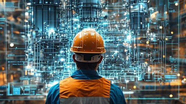 Visionary Engineer: Captivating image of an engineer, donned in protective gear, engrossed in the sprawling complexity of a modern industrial plant.