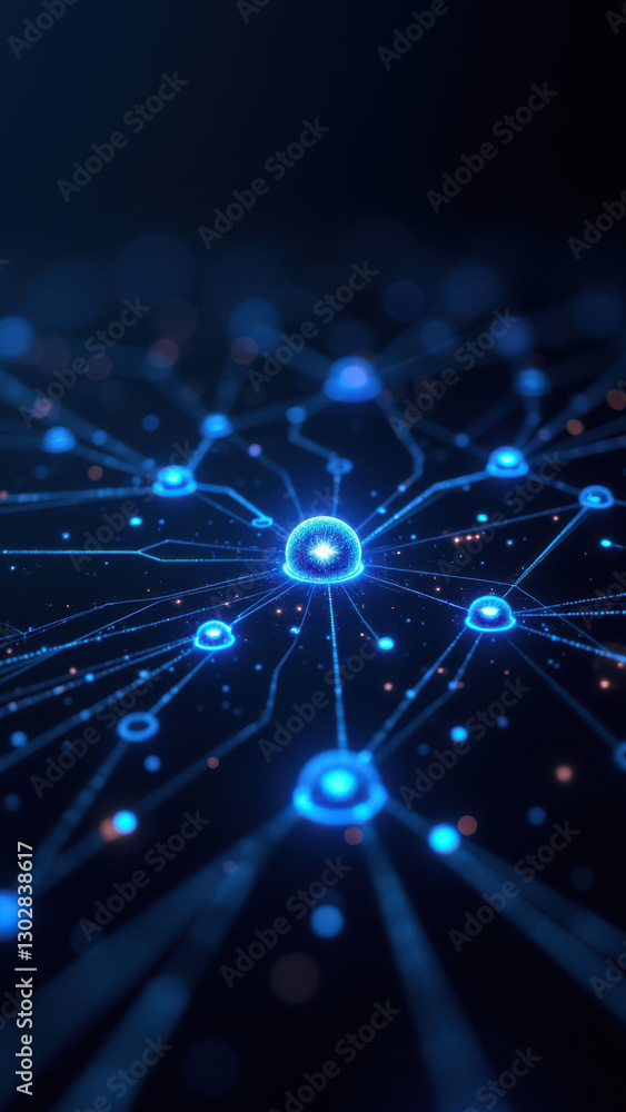 Poster abstract digital illustration showcasing interconnected nodes representing a modern tech infrastruct