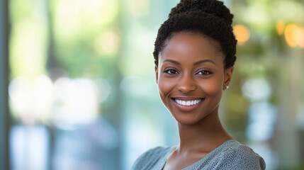 African American woman beams with joy, radiating warmth and confidence.