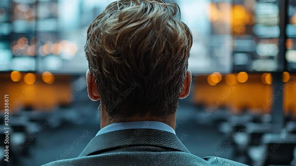 Poster observing the command center: a rear view of a man in a grey suit observing the high-tech command ce