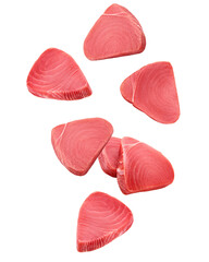 Falling Tuna steak, fish isolated on white background, full depth of field