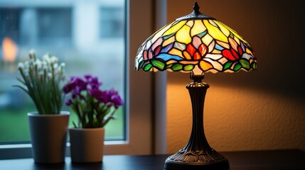 Illuminated Stained Glass Lamp with Floral Accents by Window