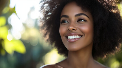 African American woman beams with joy, radiating warmth and confidence.