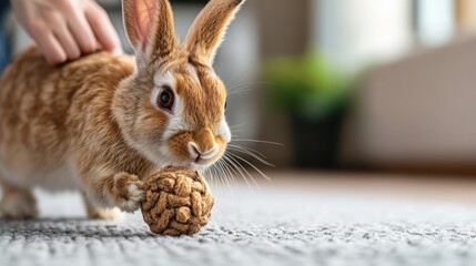 Obraz premium This endearing rabbit examines a textured yarn ball, bringing a sense of curiosity and warmth to the image captured in a well-lit living space.