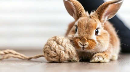 Obraz premium An adorable rabbit engages with a textured rope ball, highlighting its playful nature amidst a cozy indoor environment characterized by soft lighting.