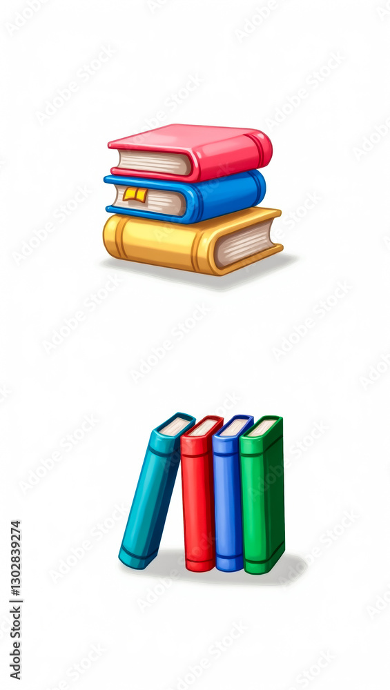 Poster stack of colorful books and four upright books suggesting a collection for learning and reading.