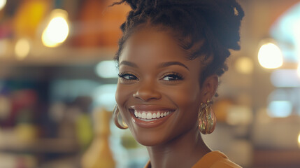 African American woman beams with joy, radiating warmth and confidence.