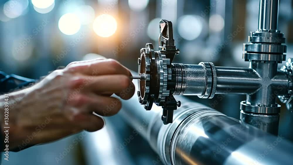 Poster close-up of a hand adjusting a valve on a shiny metallic pipeline, emphasizing the precision and con