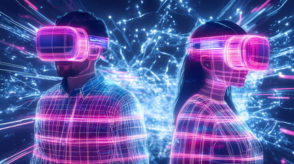 Man and woman experiencing virtual reality with futuristic headsets
