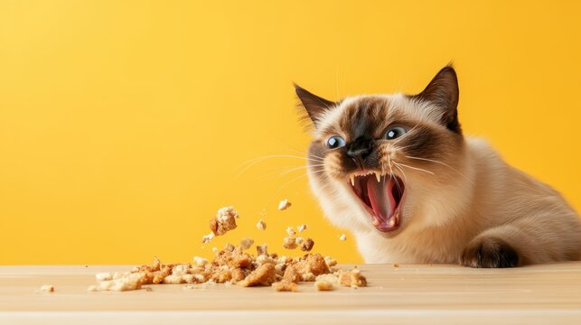 A striking image of a cat with an expressive face and mouth open, surrounded by food crumbs against a vibrant yellow backdrop, capturing a playful and funny moment.