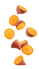 Falling Sweet Potato, yam, isolated on white background, full depth of field
