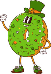 Cartoon groovy donut character, saint Patrick day holiday food personage. Isolated vector doughnut pastry with green glaze, top hat and clover sprinkles with retro hippie vintage nostalgic 70s vibes