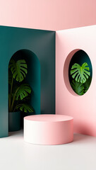 minimalist product display with monstera plants