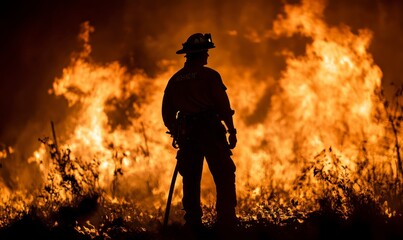 Naklejka premium silhouette of a firefighter standing tall against the backdrop of raging flames, holding his hose in hand, ready to battle for life and water