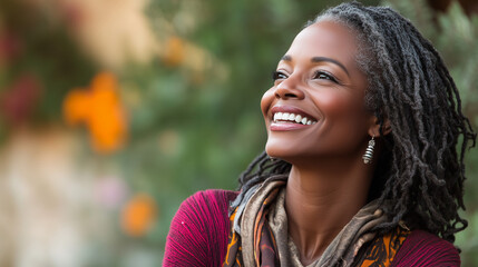 African American woman beams with joy, radiating warmth and confidence.