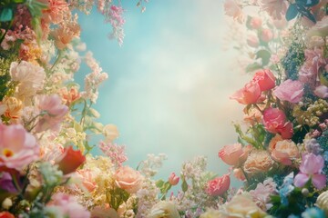 Sunlit floral frame with pastel roses, blossoms, and sky.