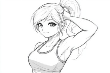 An anime girl tying her hair beneath an umbrella, capturing a moment of beauty and serenity in a colorful and enchanting scene.