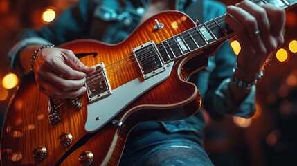 Close-up of musician playing a sunburst electric guitar on stage.