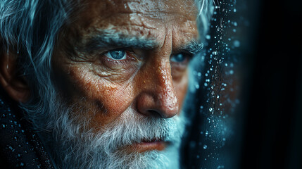 Elderly Man with Intense Eyes Looking Through a Rainy Window in Warm Light  