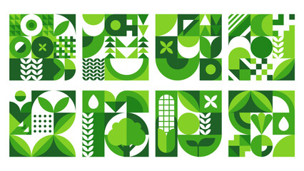 Environment ecology background with abstract geometric pattern, retro modern modular background with mosaic shapes in shades of green with natural elements symbolize sustainability and ecological vibe