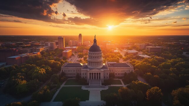 Breathtaking Aerial Capture of Illinois State Capitol Dome and Springfield Skyline Bathed in Sunset