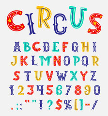 Funny circus font, cute colorful typeface, cartoon kids toy type, doodle english alphabet with vector pattern of stars. Funny letters and numbers typography set, circus and funfair carnival font abc