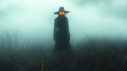 Glowing-eyed figure in foggy field, Halloween concept art