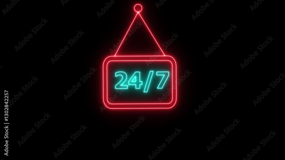 Poster 24 hours and 7 days open with neon line animation on black background.