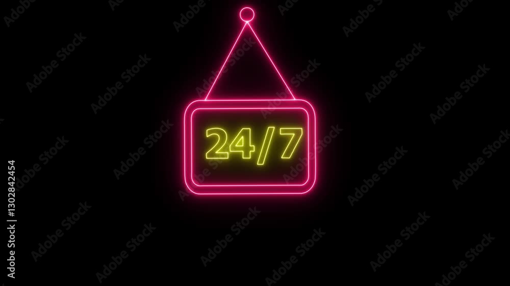 Poster 24 hours and 7 days open with neon line animation on black background.