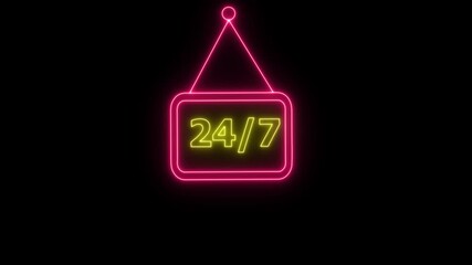 24 hours and 7 days open with neon line animation on black background.