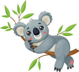 Cartoon funny koala bear character with big eyes and fluffy gray fur relaxing on the eucalyptus tree with green leaves, lying on the branch. Isolated vector cute Australian animal in natural habitat